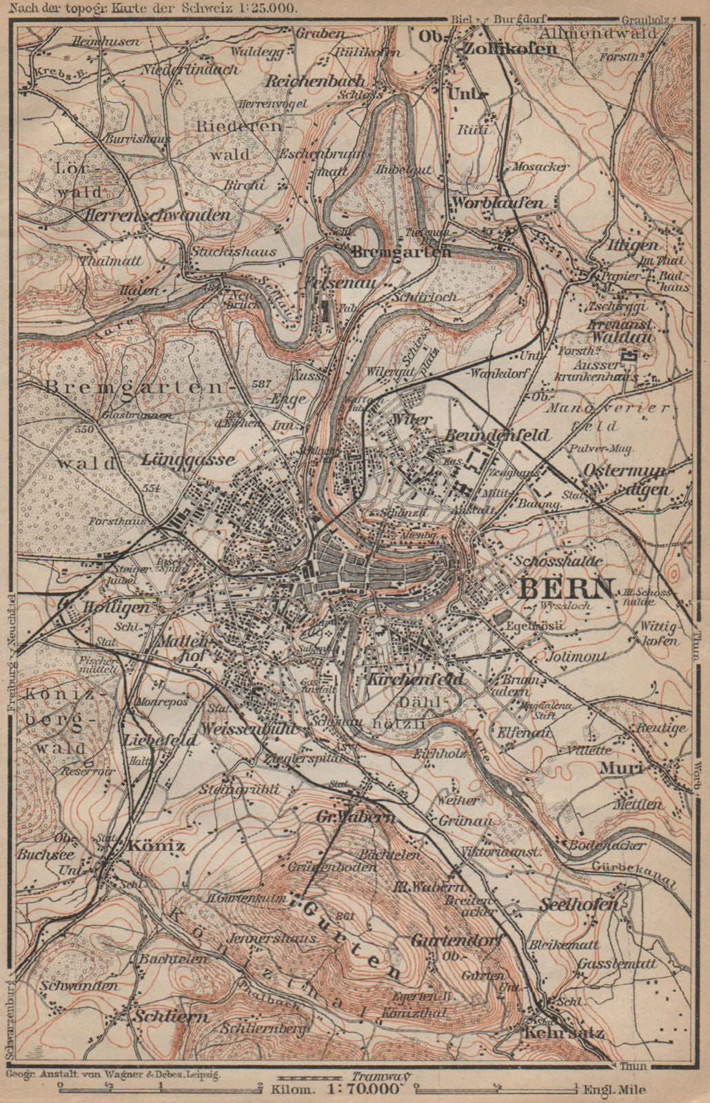 BERN BERNE ENVIRONS. Switzerland Suisse Schweiz carte karte. BAEDEKER 1907 map